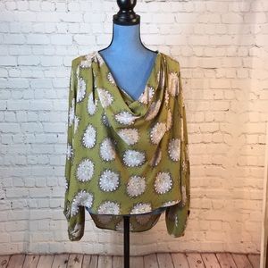 Free People olive green print top w balloon sleeve